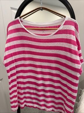 J. Crew Pink and White Striped Scoop Linen Neck Tee